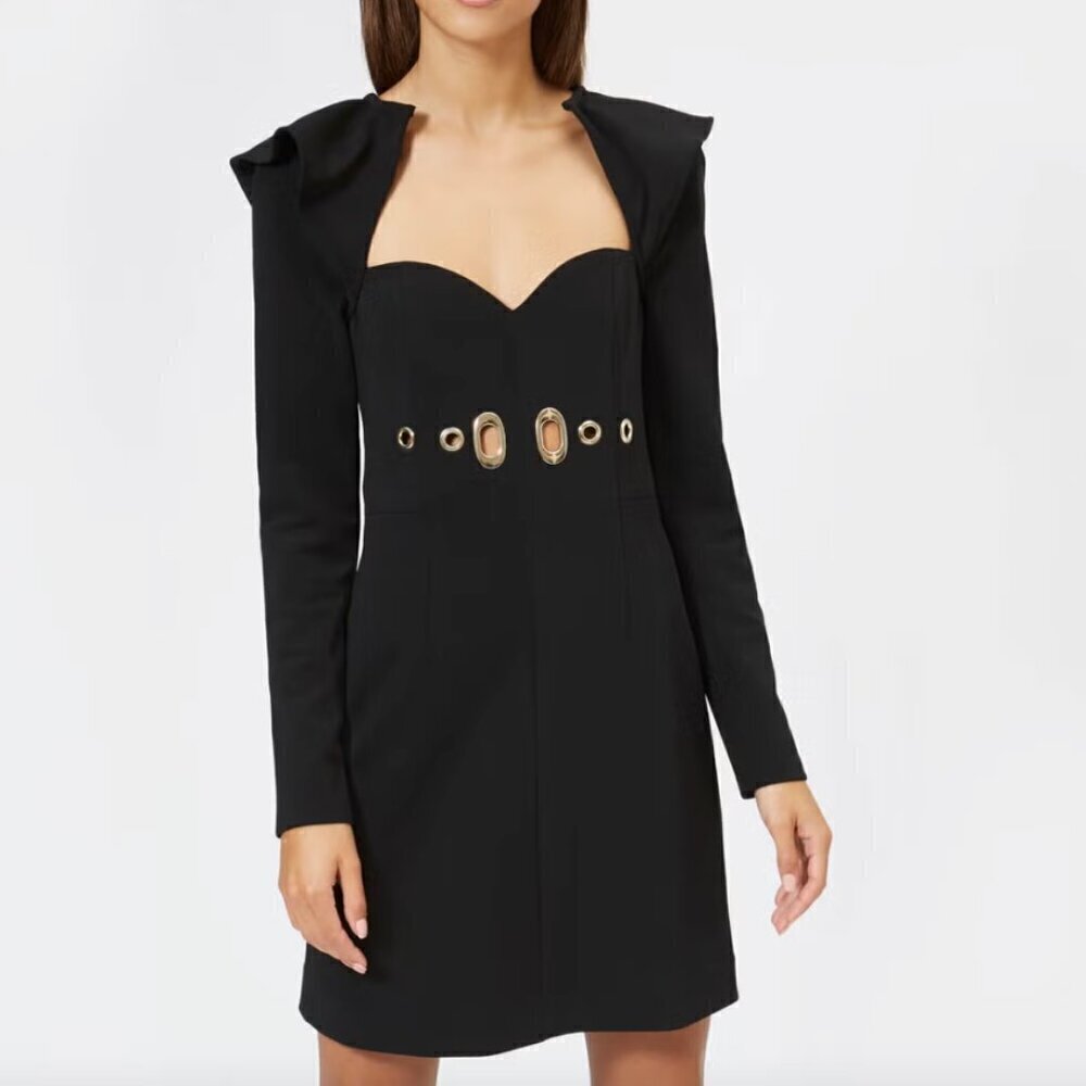 Self-Portrait Black Drape Back Gold Cut Out Mini Dress 0